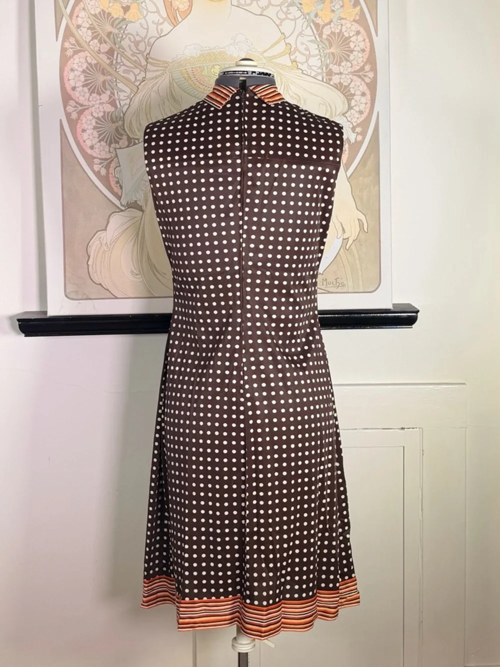 Women’s Vintage 60s Brown & Cream Polk Dot A-Line Mod Shift Dress w/ Scarf M - Picture 5 of 10